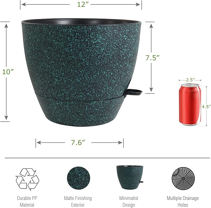 12 inch Large Self Watering Pots, Plastic Planters with 60oZ Removable Deep Reservoir and Multi Mesh Drainage Holes for Indoor Outdoor Garden Plants and Flowers, Black with Green Speckles-BloomoryGarden