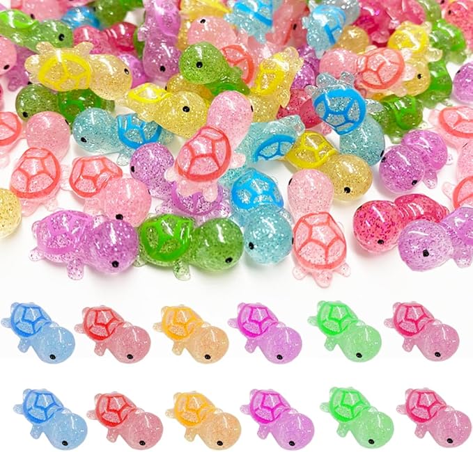 120PCS Glitter Mini Resin Turtles Sea Turtles Figurines Glow in The Dark, Cute Tiny Turtles Bulk for Cake Toppers Ocean Animal Theme Party Decor Garden Micro Landscape DIY (6 Colors)-BloomoryGarden