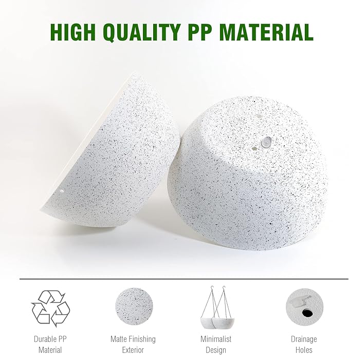 13 inch Large Hanging Planters Plant Pots for Outdoor Indoor Plants with Drainage Holes and Chain, 2 Pack Round Hanging Flower Pots for Garden Home Porch Decor, Speckled White-BloomoryGarden