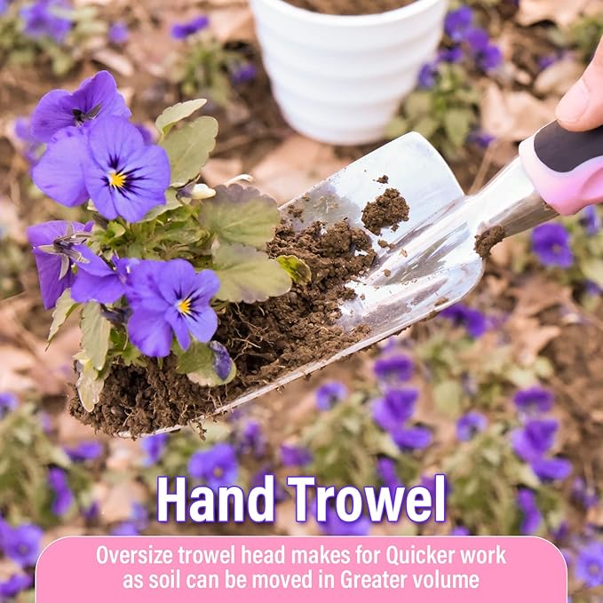 Garden Tool Set SOYUS Heavy Duty 3 Piece Gardening Hand Tools Aluminum Garden Shovel for Planting Hand Trowel Cultivator Rake with Ergonomic Non-Slip Rubber Grip Pink Gardening Gifts for Women-BloomoryGarden