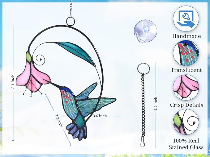 Lolitarcrafts Stained Glass Hummingbird Window Hangings with Flowers, Bird Stained Glass Suncatcher for Window Decor Hummingbird Gifts for Mom,Bird Lovers (Blue with Flower A)-BloomoryGarden