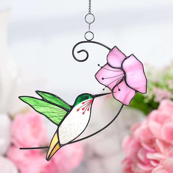 Lolitarcrafts Hummingbird with Flower Stained Glass Suncatcher Bird Stained Glass Window Hangings Hummingbird Gift for Home Decor (Green with Flower)-BloomoryGarden