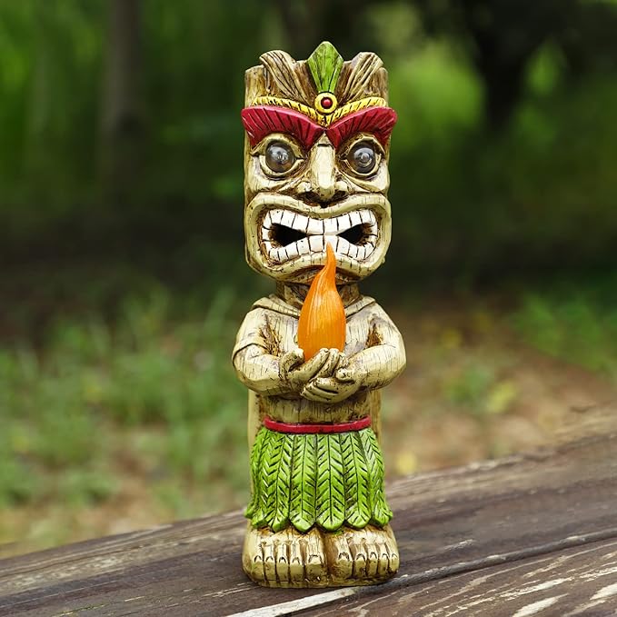 13" Tall Solar Torch Tiki Garden Statue, Resin Large Tiki Decor Figurine with Solar Lights, Hawaiian Tiki Man, Outdoor Patio Yard Lawn Bar Party Beach Pool Pond Decoration, Valentine's Day Gift-BloomoryGarden