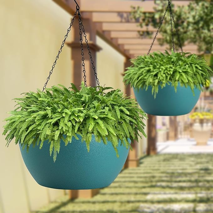 13 inch Large Hanging Planters Plant Pots for Outdoor Indoor Plants with Drainage Holes and Chain, 2 Pack Round Hanging Flower Pots for Garden Home Porch Decor, Blue Green-BloomoryGarden