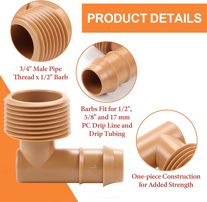 12 Pieces 3/4 Inch PVC to 1/2 Inch Drip Irrigation Adapter Fittings, 3/4" Male Pipe Thread(MPT) x 1/2" Drip Line Barbed Elbow Connectors 3/4-in PVC to 1/2-in Poly Tubing Adapter-BloomoryGarden
