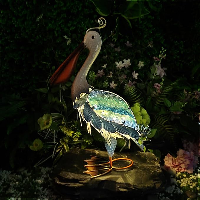 HONGLAND Solar Metal Pelican Statues Garden Sculpture & Statues, 19 Inch Glass Outdoor Pelican Yard Art Coastal Ocean Bird Decor Lawn Ornament for Backyard Porch Patio Decor(Blue)