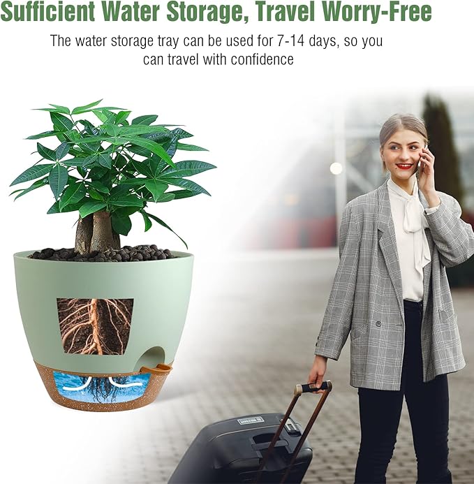 12 inch Large Self Watering Pots, Plastic Planters with 60oZ Removable Deep Reservoir and Multi Mesh Drainage Holes for Indoor Outdoor Garden Plants and Flowers, Green with Brown-BloomoryGarden