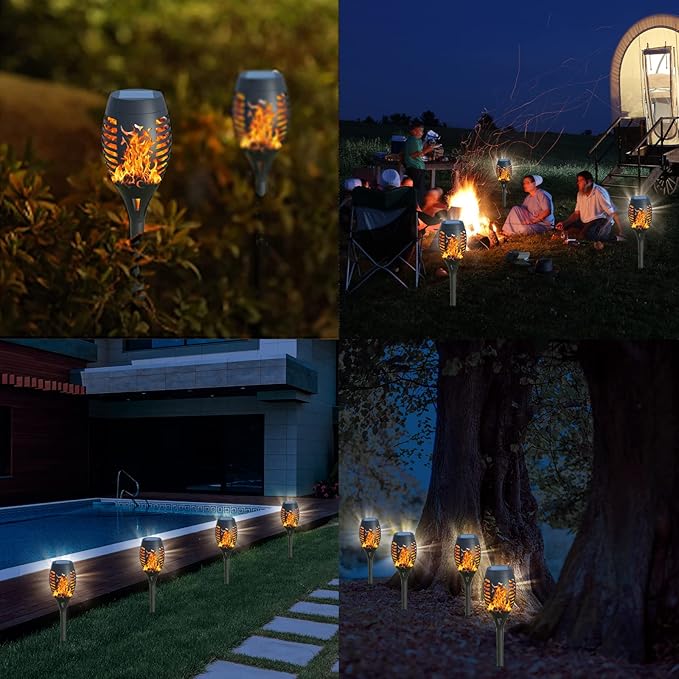 12Pack Solar Torch Lights with Flickering Flame Upgraded, Security&Waterproof Solar Lights Outdoor Landscape Decoration, Mini Solar Tiki Torches for Yard,Garden,Patio, Pathway Decor-Auto On/Off-BloomoryGarden