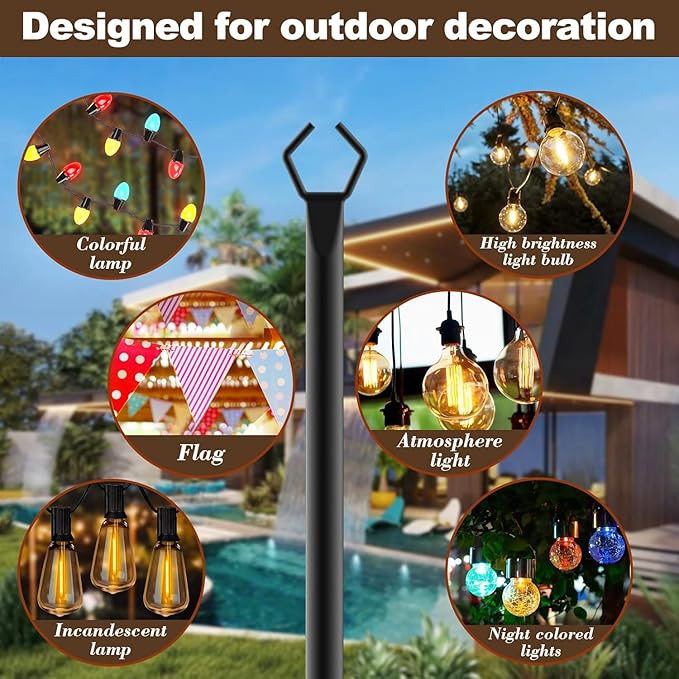 10Ft String Light Poles 6 Pack,Light Poles for Outside Lights,Outdoor with Fence Brackets Hanging Lights,Metal Stand Deck Patio Backyard-BloomoryGarden