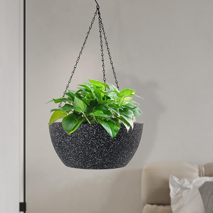 13 inch Large Hanging Planters Plant Pots for Outdoor Indoor Plants with Drainage Holes and Chain, 2 Pack Round Hanging Flower Pots for Garden Home Porch Decor, Speckled Black-BloomoryGarden