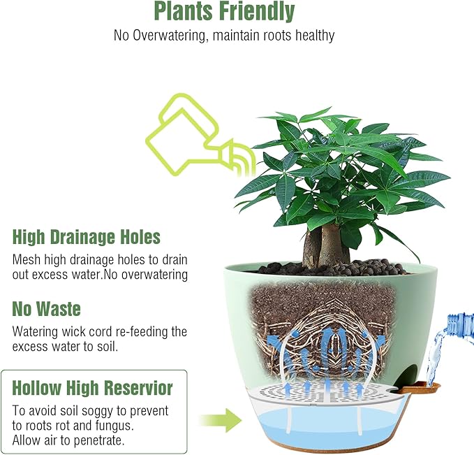 12 inch Large Self Watering Pots, Plastic Planters with 60oZ Removable Deep Reservoir and Multi Mesh Drainage Holes for Indoor Outdoor Garden Plants and Flowers, Green with Brown-BloomoryGarden