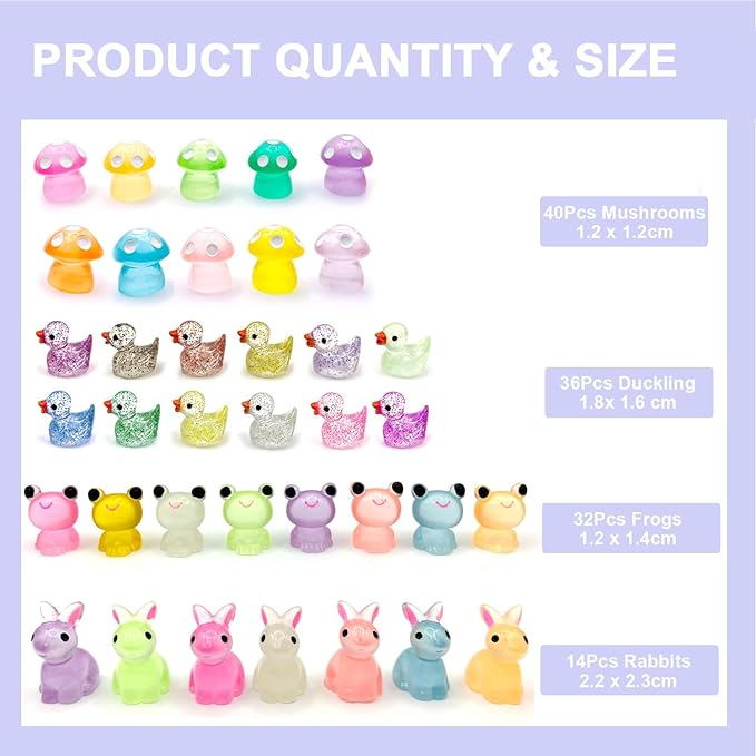 122Pcs Luminous Mini Resin Animal Figurines Glow in The Dark Cute Rabbits Frogs Mushrooms Glitter Ducks 4 Combination Miniature Figurines Set for Office Garden Decoration Aquarium Home Party Decor-BloomoryGarden