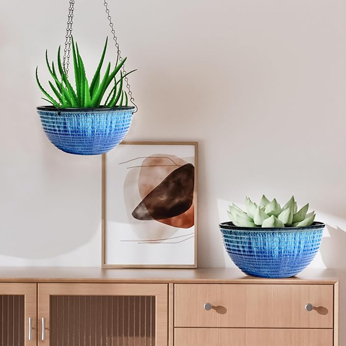 10in Hanging Planters for Indoor and Outdoor Plants, 2 Pack Hanging Planter with Drainage Hole, Round Hanging Flower Pots for Garden Home Decor (Blue Glaze)-BloomoryGarden