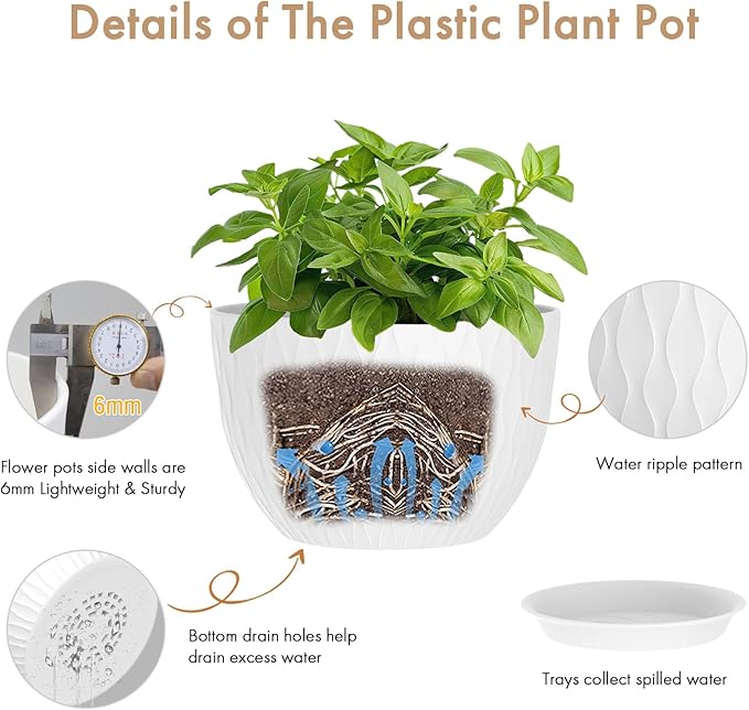 12 Inch Large Plant Pots for Indoor or Outdoor Plants, Wide Water Ripples Flower Pots with Drainage Holes & Saucer, Plastic Planters Set for Garden & Home Decor (White)-BloomoryGarden