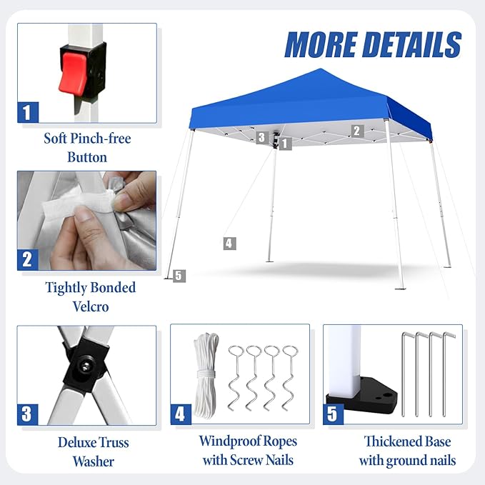 10x10 Pop Up Canopy, 300D Silver Coated Blue Fabric Outdoor Gazebo, Beach Tent Slant Legs with Storage Bag,Easy Up Sun Shade Shelter Tents with 8x8 Top Cover for Patio,Party-BloomoryGarden