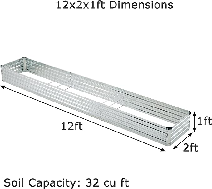 12x2x1ft Galvanized Raised Garden Bed,Outdoor Planter Box Metal Patio Kit Planting Bed for Vegetables Flowers Herb,Silver-BloomoryGarden