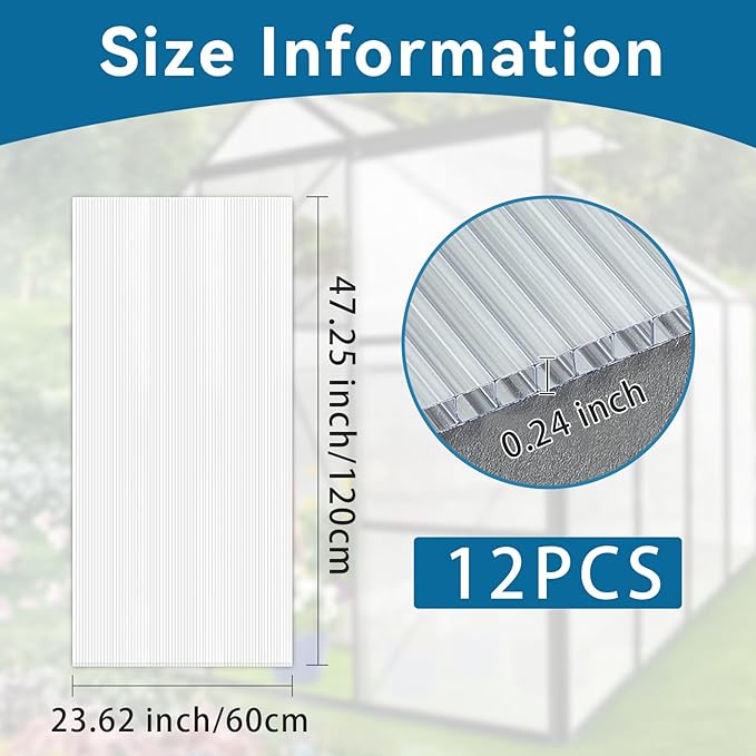 12 Pcs Polycarbonate Greenhouse Panels Waterproof UV Protected Polycarbonate Double Layer Polycarbonate Panels Sheet Corrugated Plastic for Greenhouse, Outdoor, Plant Stand Roof(4' x 2' x 0.24'')-BloomoryGarden