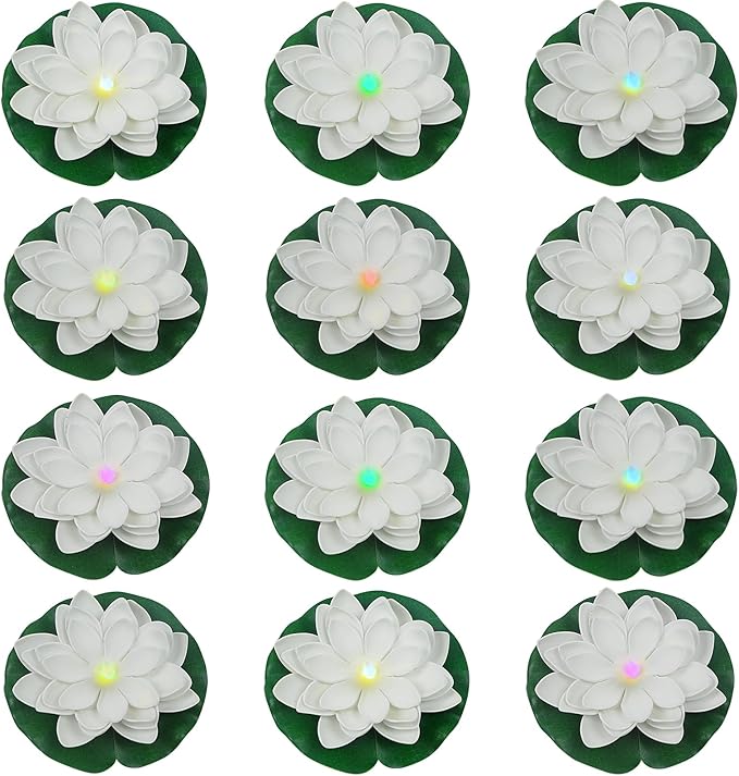 12 PCS Floating Lotus Lights - Artificial LED Lotus Waterproof Battery Operated Water Activated Color Changing Fake Lily Pad Lights for Pool Pond Lantern Garden Outdoor Decor-BloomoryGarden