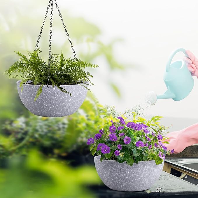 13 inch Large Hanging Planters Plant Pots for Outdoor Indoor Plants with Drainage Holes and Chain, 2 Pack Round Hanging Flower Pots for Garden Home Porch Decor, Speckled Grey-BloomoryGarden
