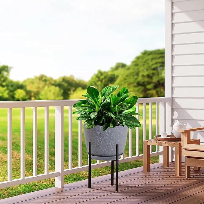 12/10/9 Large Modern Plant Pots, Plastic Planters with Drainage Holes and Saucers for Indoor Outdoor Plants Flowers, Grey Speckles-BloomoryGarden
