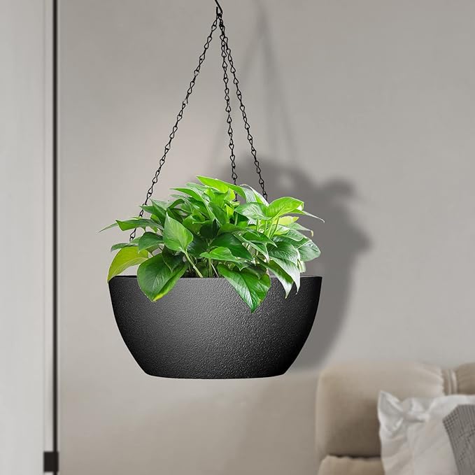 13 inch Large Hanging Planters Plant Pots for Outdoor Indoor Plants with Drainage Holes and Chain, 2 Pack Round Hanging Flower Pots for Garden Home Porch Decor, Black-BloomoryGarden