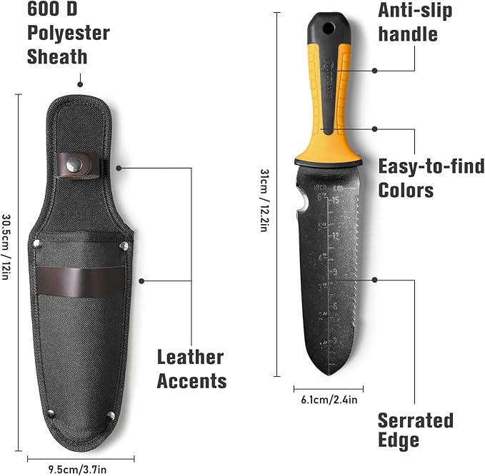 Hori Hori Garden Knife, Stainless Steel Gardening Knife Tool, Multi-Purpose Soil Knife with Sheath,Ergonomic TRP Handle for Weeding, Digging, and Cultivating,7" Blade- in Gift Box