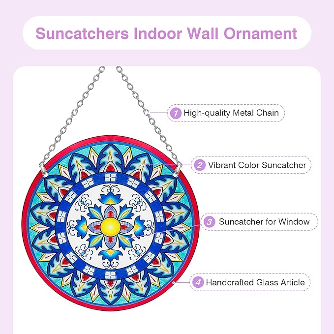 Mandala Suncatcher Stained Glass - Handmade Gifts for Women, Suncatchers for Windows - Window Hangings with Chain and Hook, 6 inch Stained Glass Suncatcher for Mom-BloomoryGarden