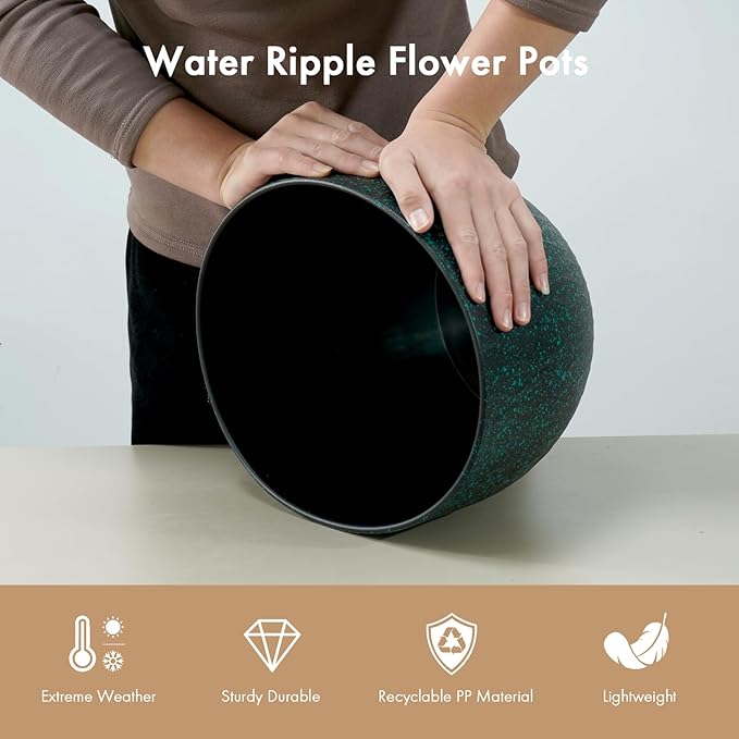 12 Inch Wide Water Ripples Flower Pots for Indoor or Outdoor Plants, Large Plant Pots with Drainage Holes & Saucer, Plastic Planters Set for Garden & Home Decor (Black with Green Speckles)-BloomoryGarden