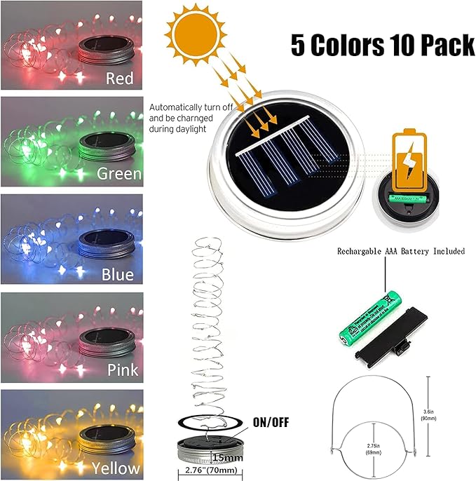 10 Pack 30 LED Solar Mason Jar Lid String Lights,Fairy Lights String Lids Lights Including 10 Pcs Hangers,for Indoor Outdoor Wedding Patio Garden Party Decorations Gift(No Jars) (5 Colors)-BloomoryGarden