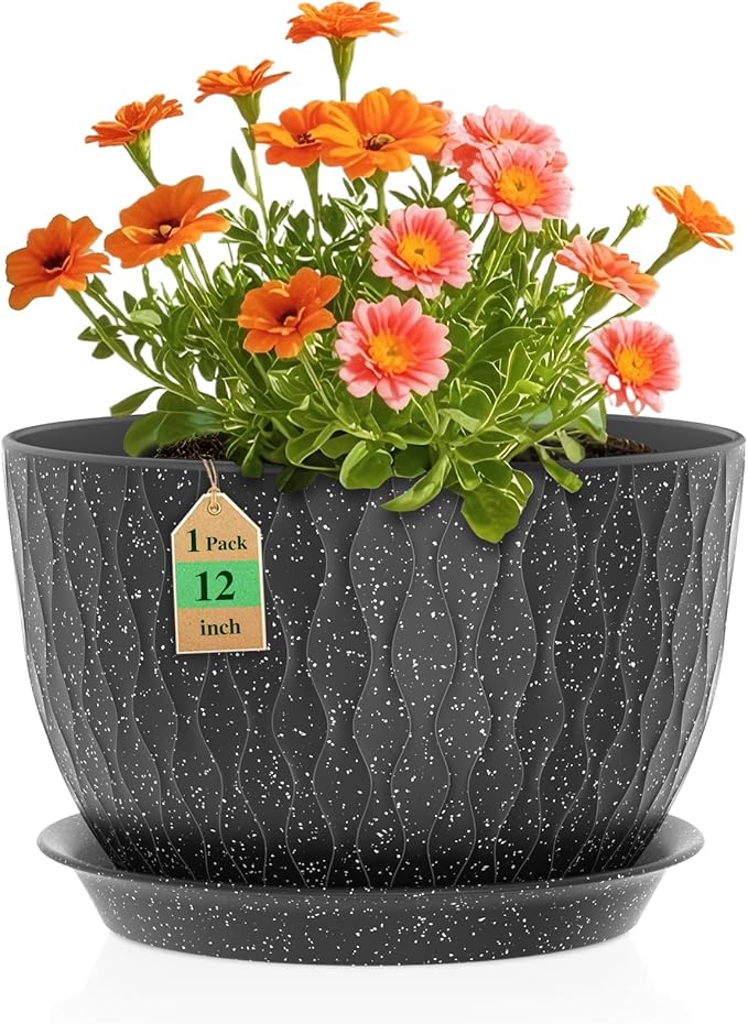 12 Inch Wide Water Ripples Flower Pots for Indoor or Outdoor Plants, Large Plant Pots with Drainage Holes & Saucer, Plastic Planters Set for Garden & Home Decor (Black with White Speckles)-BloomoryGarden