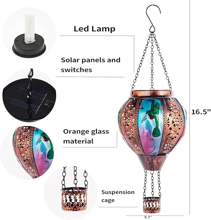 Hot Air Balloon Solar Lantern Hummingbird Lights, Flickering Flame Solar Hanging Lights for Outside,Waterproof for Garden Yard Patio Porch Decoration(Hummingbird)