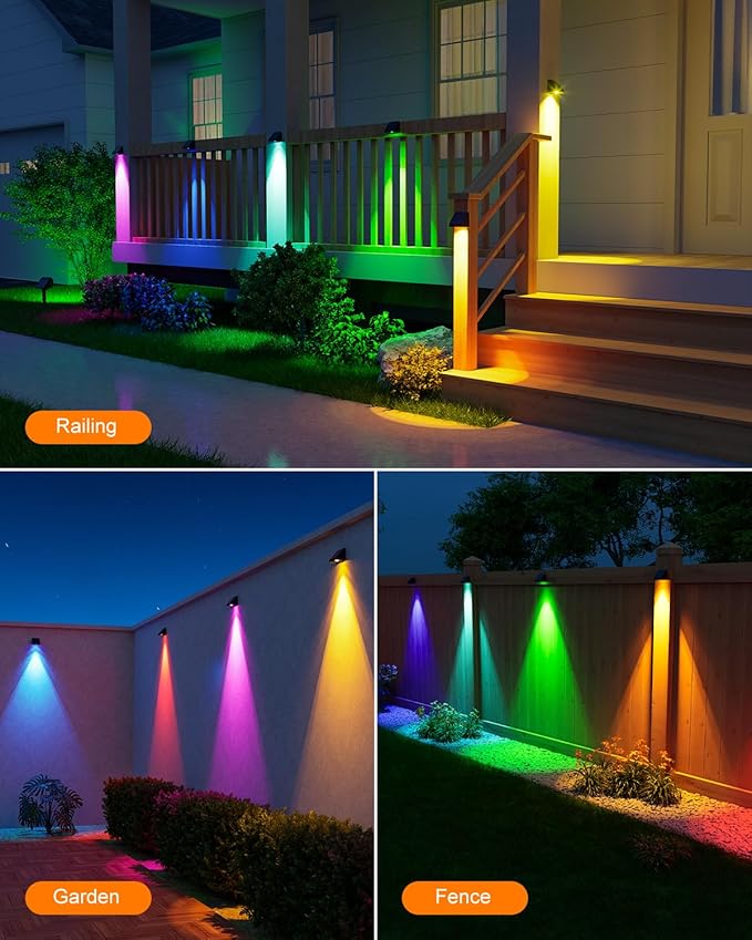 12 Pack Color Changing Solar Powered Fence Lights Outdoor Decorative LED Waterproof Yard Lighting for Outside Wall, Deck, House Patio, Rail, Stair, Backyard, 8 Colorful Modes, Easy 1-Min Installation-BloomoryGarden