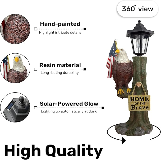 14x6 Inch Eagle Outdoor Solar Statue, Home of The Brave Outdoor Decorative Sculpture, Garden Decoration Outdoor Waterproof, Eagle Statue with American Flag for Patios, Yards, and Gardens-BloomoryGarden