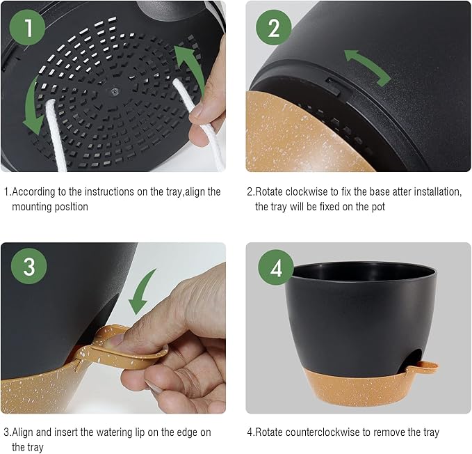 12 inch Large Self Watering Pots, Plastic Planters with 60oZ Removable Deep Reservoir and Multi Mesh Drainage Holes for Indoor Outdoor Garden Plants and Flowers, Black with Brown-BloomoryGarden