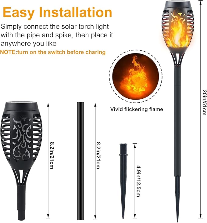 12-Pack Solar Torch Lights with Flickering Flame - 12LED Mini Fire Effect Solar-Powered Tiki Torches, Waterproof Outdoor Lighting with Auto On/Off, Perfect for Garden, Patio & Pathway Decor-BloomoryGarden