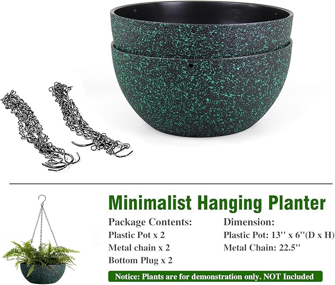 13inch Large Hanging Planters Pots for Outdoor Indoor Plants with Drainage Holes and Chain, 2pack Round Hanging Flower Pots for Garden Home Porch Decor, Black with Green Speckles-BloomoryGarden
