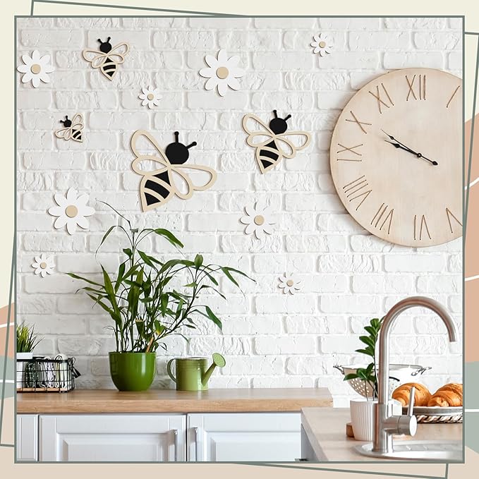 12 Pieces Wooden Bee Decor Farmhouse Honey Bee Daisy Wall Art Hanging Floral Wall Sign for Nursery Indoor Outdoor Garden Yard Kitchen-BloomoryGarden