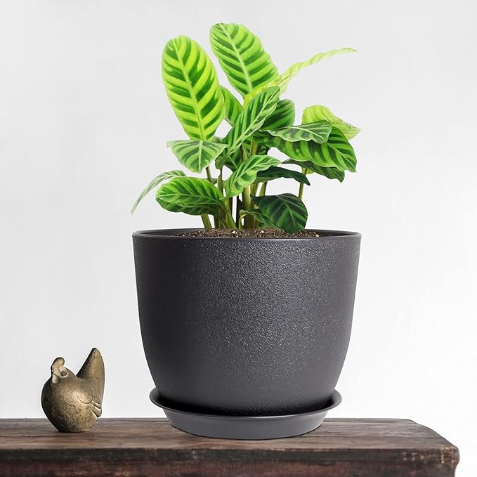 12/10/9 Large Modern Plant Pots, Plastic Planters with Drainage Holes and Saucers for Indoor Outdoor Plants Flowers, Black-BloomoryGarden