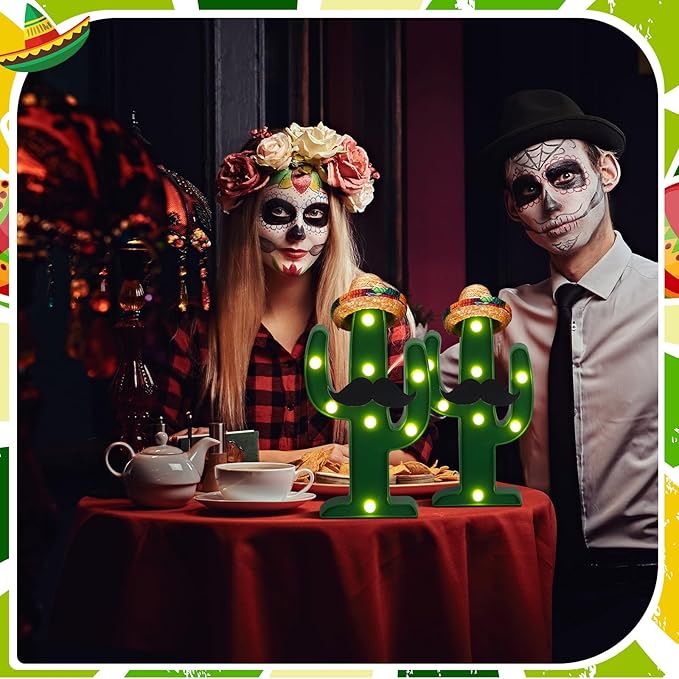 12 Pcs Cinco de Mayo LED Cactus Light with Mini Sombrero Straw Hats and Fake Beard Cinco De Mayo Table Decor Mexican Party Supplies for Table Room Bedroom Party Decoration (4.72 x 2.76 Inch)-BloomoryGarden