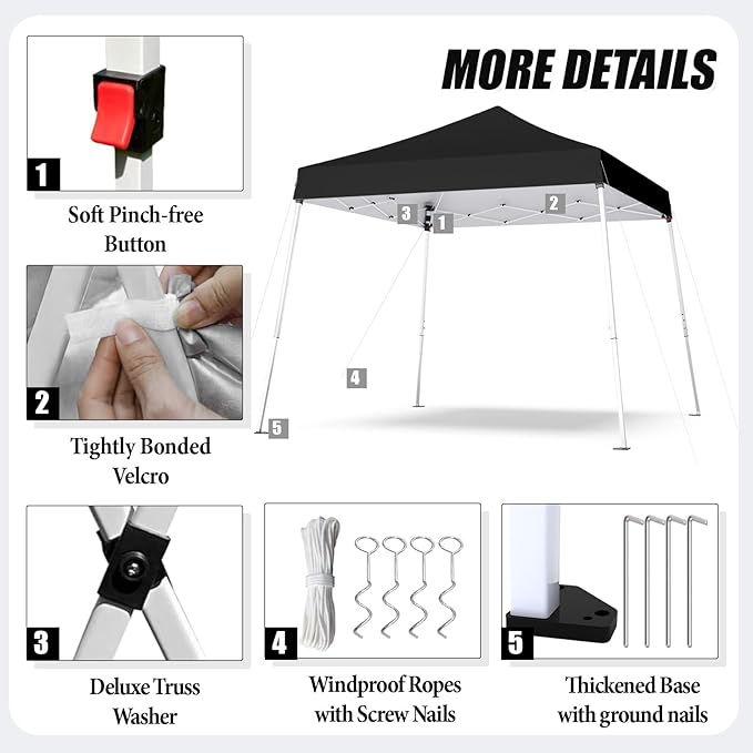 10x10 Pop Up Canopy, 300D Silver Coated Black Fabric Outdoor Gazebo, Beach Tent Slant Legs with Storage Bag,Easy Up Sun Shade Shelter Tents with 8x8 Top Cover for Patio,Party-BloomoryGarden