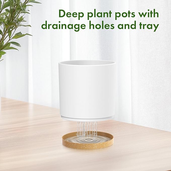 10/8/6 inch Deep Plant Pots, 3 Pack Cylindrical Large Flower Pots for Outdoor Indoor Plants, Tall Plastic Planters with Drainage Holes and Saucers for Garden House Plants, White with Brown-BloomoryGarden