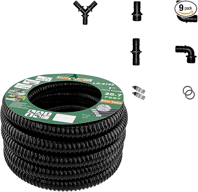 1" Dia. Corrugated Pond Tubing 1-Inch ID, 20.6 FT Length, Black PVC Kinkproof Strong Flex Tubing with Pipe Fittings, Aquarium, Pond Waterfall, Garden Pond Pump Drainage Tube-BloomoryGarden