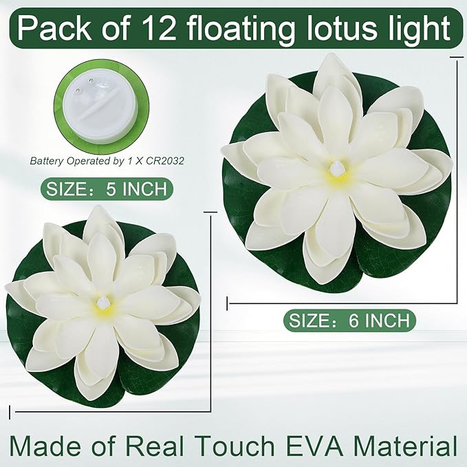 12 PCS Diwali Waterproof Floating Lotus Light - Floating Flower Light Battery Operated Water Activated Warm White Pool Flower Lamp Wedding,Anniversary,Garden Decoration(6Inch & 5Inch)-BloomoryGarden