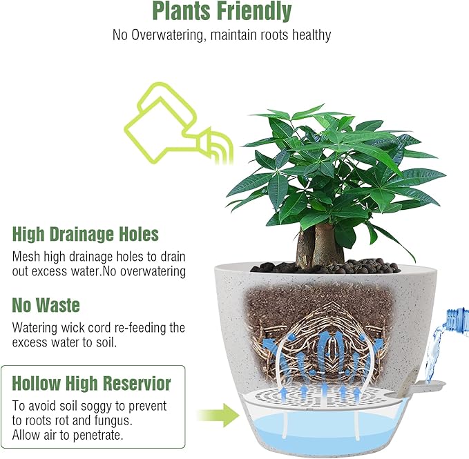 12 inch Large Self Watering Pots, Plastic Planters with 60oZ Removable Deep Reservoir and Multi Mesh Drainage Holes for Indoor Outdoor Garden Plants and Flowers, White Speckles-BloomoryGarden