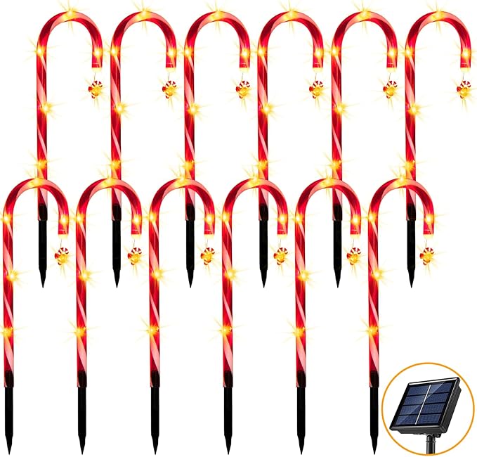 12 Pack Christmas Candy Cane Lights Outdoor Solar Pathway Lights Christmas Decorations Waterproof Driveway Walkway Markers Yard Garden Home Xmas Decor, 2-in-1 Rechargeable Solar Power-BloomoryGarden