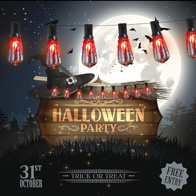 10FT Halloween String Lights Outdoor with 11 ST40 Flame Bulbs (1 Spare), Plug in Halloween Flaming Blood Drop Light Strings UL Listed for Patio, Backyard, Halloween, Party Decoration, E17 Base-BloomoryGarden