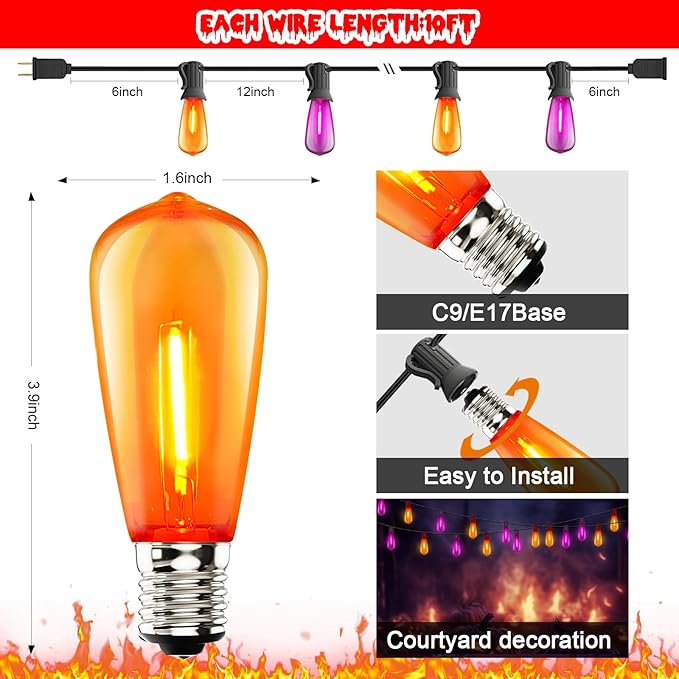 10Ft LED Outdoor String Lights, Halloween Orange Purple Lights with 10 0.6W ST40 LED Bulbs, Waterproof Connectable Patio Lights for Indoor Outdoor Backyard Garden Halloween Christmas Holiday Decor-BloomoryGarden