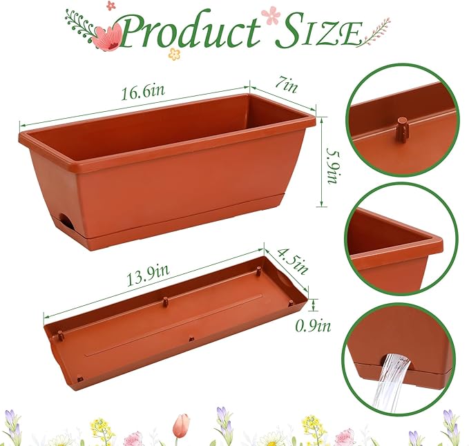 12Pcs 17Inches Rectangle Planter Box with Drainage Holes and Trays Plastic Planters Flower Boxes Pots for Indoor Outdoor Plants Patio Garden Home Decor Porch Yard (Red)-BloomoryGarden