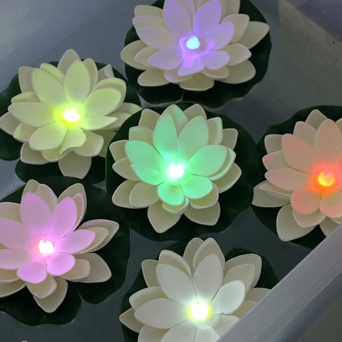 12 PCS Floating Lotus Lights - Artificial LED Lotus Waterproof Battery Operated Water Activated Color Changing Fake Lily Pad Lights for Pool Pond Lantern Garden Outdoor Decor-BloomoryGarden