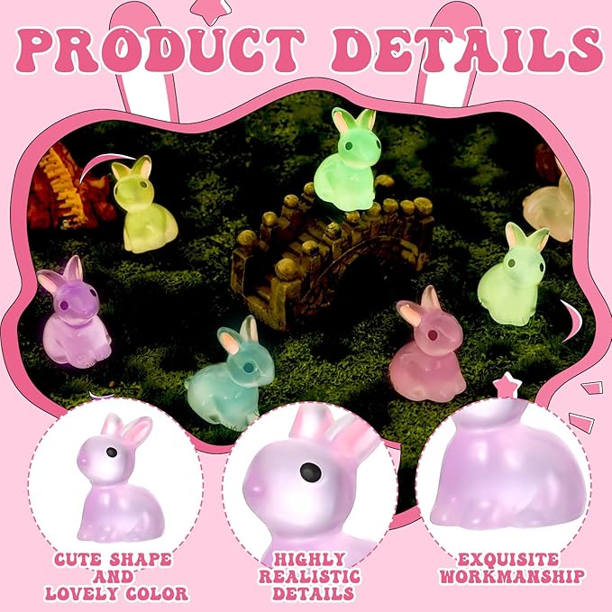 140Pcs Mini Resin Luminous Bunnies Glow in Dark Resin Rabbit Figures for Fairy Garden Luminous Mini Portrait Fairy Garden DIY Christmas Party Ornament Accessories Charms Party Favors-BloomoryGarden